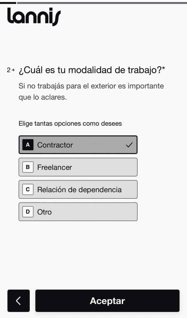 Formulario de onboarding en Lannis